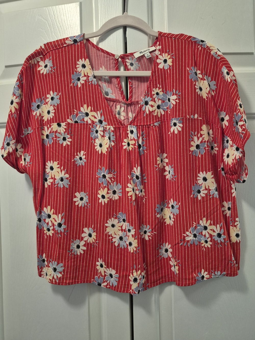 Madewell Red Floral Stripe Short Sleeve Top, Sz Med